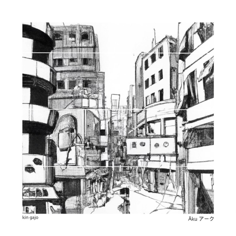 Albumhoes Āku アーク: zwart-wit potloodtekening van druk bebouwde straat in Japanse sfeer