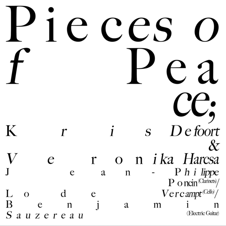 Albumhoes Pieces of Peace: witte achtergrond met zwarte grafische belettering