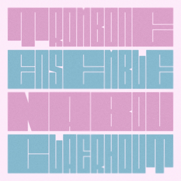 Albumcover: Trombone Ensemble Nabou Claerhout in breed font, met roze en blauwe kleuraccenten
